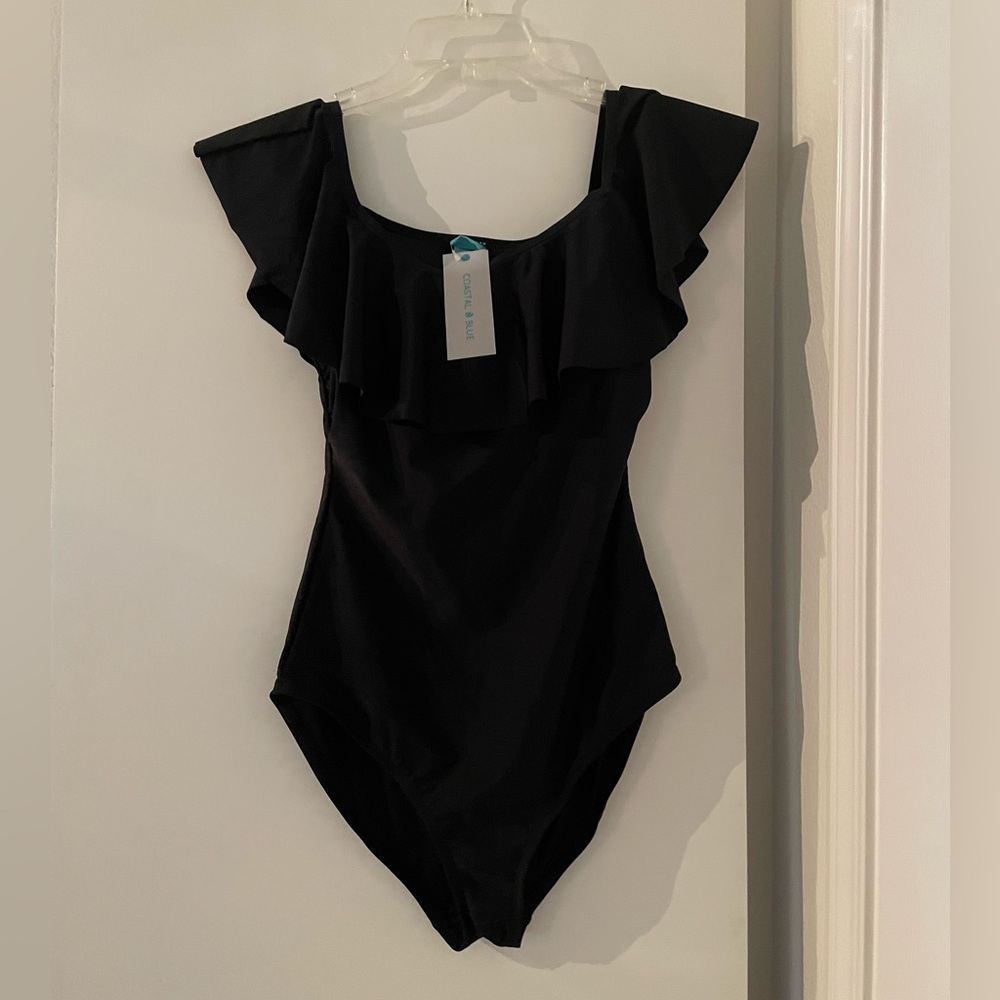 New! Coastal Blue Black 1 Pc Swimsuit Square Neck Ruffled Trim Classic nwt